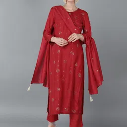 AHIKA Women Red Ethnic Motifs Embroidered Kurta with Trousers & Dupatta-image-47