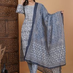 MEERA FAB Floral Printed Regular Pure Cotton Kurta with Palazzos & With Dupatta-image-0