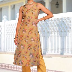 Varanga Beige Floral Printed V-Neck Straight Kurta With Trousers-picture-10