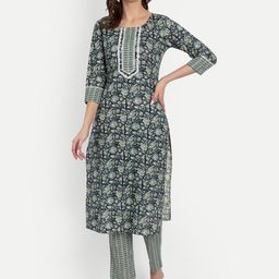 Haute and Humble Women Teal & Beige Printed Straight Pure Cotton Kurta with Trousers-picture-2