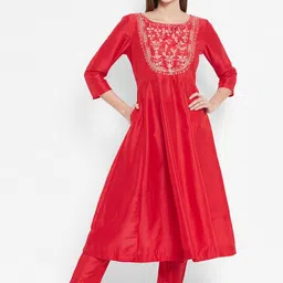 Ramas Women Red Embroidered Chanderi Silk Kurta with Trousers-picture-42
