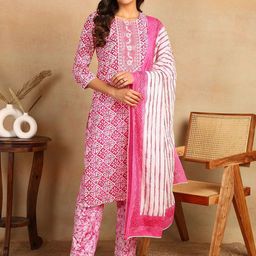 Anouk Women Floral Printed Regular Pure Cotton Kurta with Trousers & With Dupatta-18