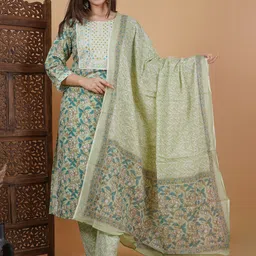 MEERA FAB  Floral Printed Regular Mirror Work Pure Cotton Kurta Set-picture-15
