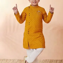 Manyavar Boys Mustard Yellow Embroidered Angrakha Thread Work Kurta with Pyjamas-picture-19