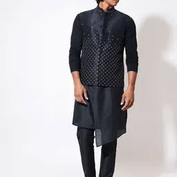 VIVEK KARUNAKARAN Mandarin Collar Straight Kurta with Churidar & Nehru jacket-image-66
