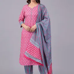 JAIPURI COLLECTION Ethnic Printed Mandarin Collar Pure Cotton Kurta with Salwar & Dupatta-picture-24
