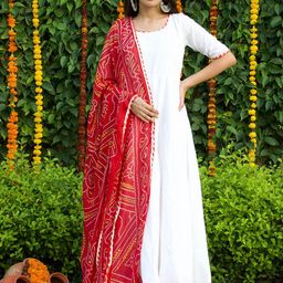 OneWe Women Pleated Pure Cotton Kurta with Trousers & Dupatta-picture-35