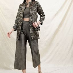 Vishudh Black Geometric Woven Design Brocade Top With Trousers & Jacket-image-68