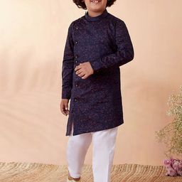 Manyavar Boys Navy Blue Printed Kurta with Pyjamas-image-45