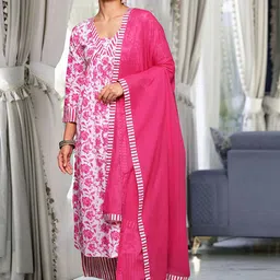 Varanga Pink Floral Printed Thread Work Pure Cotton Kurta With Palazzos & Dupatta-16