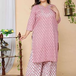 MIRAVAN Women Plus Size Pink Floral Printed Pure Cotton Kurta with Palazzos-34