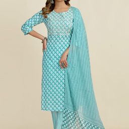 SARRAS Floral Printed Mirror Work Pure Cotton Kurta With Trousers & Dupatta-image-52