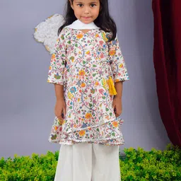 Nino Bambino Girls Floral Printed Layered Pure Cotton Kurta With Palazzos & Dupatta-image-32