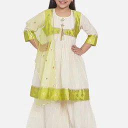 Little Bansi Girls Cream-Coloured & Lime Green Paisley Kurti & Sharara & Net Dupatta-image-43