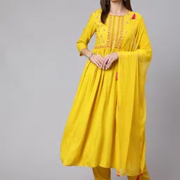 GLAM ROOTS Ethnic Motifs Embroidered Empire Sequinned Kurta with Trousers & With Dupatta-picture-22
