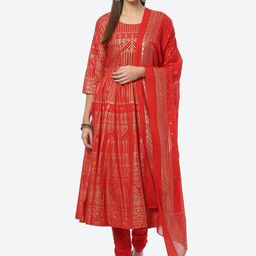 Biba Women Red Ethnic Motifs Kurta with Churidar & Dupatta-picture-10