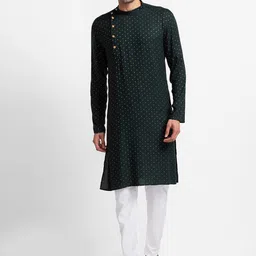SARVAMOHAN Men Green Woven Design Straight Kurta with Pyjamas-picture-55