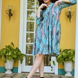 KARAJ JAIPUR Geometric Printed Boat Neck Gathered A-Line Dress-image-1