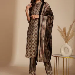 Anouk Grey Ethnic Motifs Printed Thread Work Kurta with Trousers & Dupatta image 5
