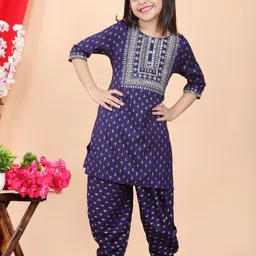 JAANYA Girls Ethnic Motifs Embroidered Regular Kurta with Harem Pants-picture-42