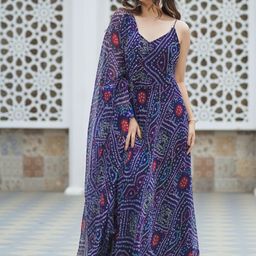 Thread & Button Women Navy Blue Bandhani Printed Kurta with Trousers & Dupatta-23