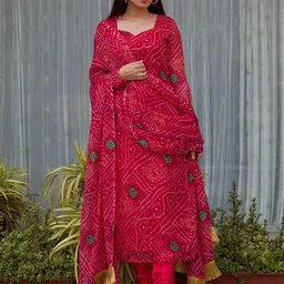 OneWe Women Pink Bandhani Printed Kurta with Churidar & With Dupatta-picture-0