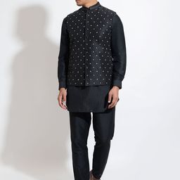 VIVEK KARUNAKARAN Striped Mandarin Collar Straight Kurta with Churidar & Nehru jacket-image-68