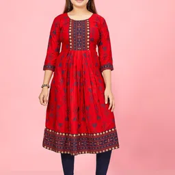 BAESD Girls Ethnic Motifs Printed Pure Cotton Pleated A-Line Kurta-image-67
