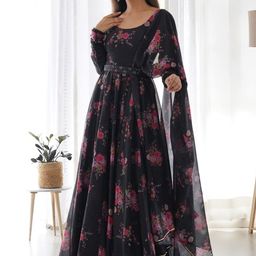 Krunal Raiyani Floral Printed Fit & Flare Chiffon Maxi Ethnic Dress With Dupatta-picture-15