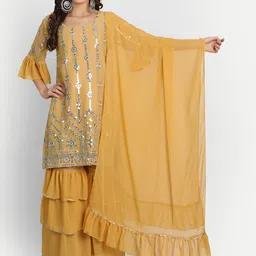 BCZ Style Women Mustard Yellow Embroidered Straight Kurta with Sharara & With Dupatta-image-3