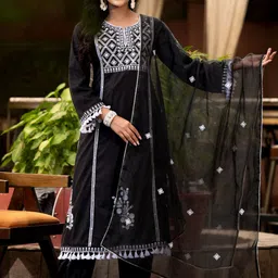 Varanga Ethnic Motif Thread Embroidered A-Line Kurta With Afghani Trousers & Dupatta-picture-23
