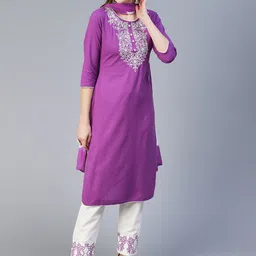 FASHOR Women Embroidered Thread Work Pure Cotton Kurta with Trousers & With Dupatta-picture-3