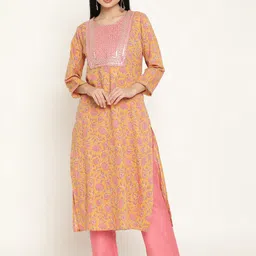 Be Indi Women Floral Printed Straight Straight Kurta with Trousers Set-image-74