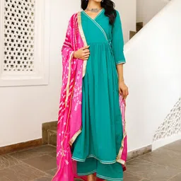 Ambraee Women Green Angrakha Kurta with Trousers & With Dupatta-image-24