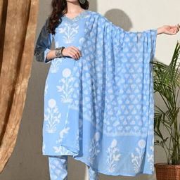 KBZ V-Neck Floral Printed Mirror Work Pure Cotton Straight Kurta With Trousers & Dupatta-image-18
