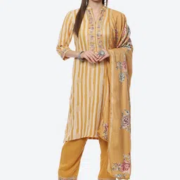 Biba Women Mustard Yellow Floral Printed Kurta with Trousers With Dupatta-picture-50