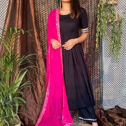 Thread & Button Women Black Kurta with Trousers & With Dupatta-image-89