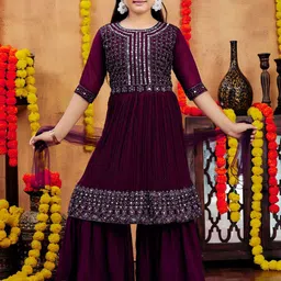 Aarika Girls Ethnic Motifs Embroidered Angrakha Mirror Work Kurta with Sharara-image-77