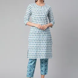 Divena Women White & Blue Ethnic Motifs Printed Pure Cotton Kurta With Trousers-image-76