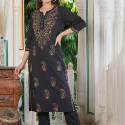 IKRASS Paisley Chikankari Pure Cotton Notch Neck Straight Kurta With Trousers-picture-54