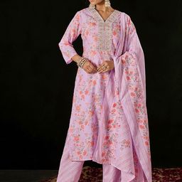 Anouk Pink Floral Printed Thread Work Pure Cotton Straight Kurta With Trouser & Dupatta-image-106