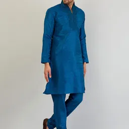 Armaan Ethnic Men Navy Blue Ethnic Embroidered Thread Work Kurta with Churidar-image-63