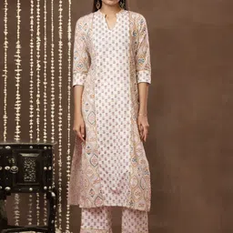 mokshi Beige & Blue Ethnic Motifs Printed Straight Kurta With Palazzo-image-11