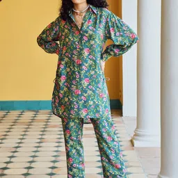 KARAJ JAIPUR Floral Printed Shirt Collar Long Sleeves Top & Trouser-image-23