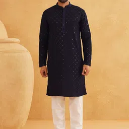 SOJANYA Geometric Embroidered Mandarin Collar Sequinned Pure Cotton Kurta with Churidar-picture-17