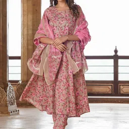 KALINI Floral Printed Pure Cotton Anarkali Kurta With Trouser & Dupatta-picture-5