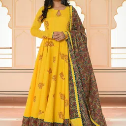 Indian Virasat Women Yellow & Green Ethnic Motifs Keyhole Neck Anarkali Kurta With Dupatta-picture-42