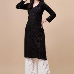 GUFRINA Women Black & White Floral Embroidered Chikankari Kurta with Palazzos-24