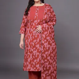 Tissu Plus Size Floral Printed Pure Cotton Straight Kurta With Palazzos & Dupatta-56