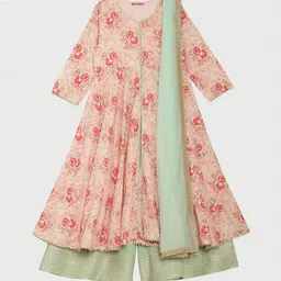Biba Girls Pink & Green Floral Printed Kurta with Palazzos & Dupatta-picture-39